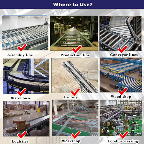 Showcase of Top Shelf Heavy Duty Conveyor Rollers Set of Five Premium Stainless Steel Replacement Rollers in various industrial uses.