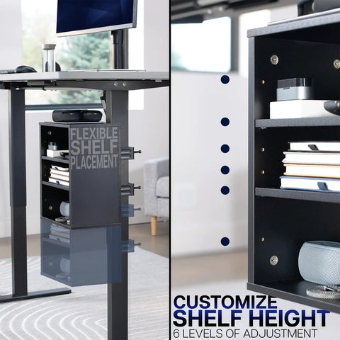 Side view of black clamp-on under desk shelving unit for office supplies, showcasing adjustable shelf height with devices and supplies.