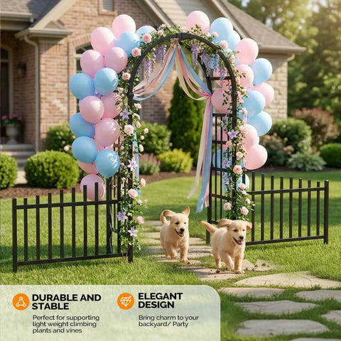 PVC Garden Arch Trellis With Fence For Climbing Plants Outdoor 91 Inch High Entryway Garden Gate Divider Black Finish Ideal For Weddings Parties Christmas And Birthday Decor with balloons and floral decorations