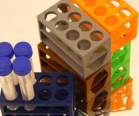 Ultra Compact Eight Position Tube Rack For 5 To 15 Milliliter Centrifuge Or Test Tubes Micro Stand Fits 18 mm Tubes And Syringes Space Saving PLA Not Autoclavable in multiple colors, showing 8x18mm holes.
