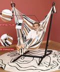 Double Hammock Chair With Stand In Boho Bohemian Style With Tassels And Phone Holder, Manual Adjustable Swing for Indoor Use