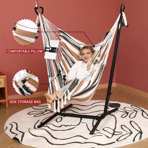 Double Hammock Chair With Stand In Boho Bohemian Style With Tassels And Phone Holder, Manual Adjustable Swing for Indoor Use