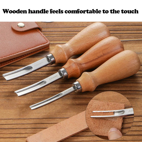 Pro Grade Leather Edge Trimming Bevel Tool Set Four Piece With French Bevel Knife and wooden handles on wooden surface