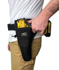 Person using Aims Large Drill Holster for Left Handed Pros Handcrafted in the USA Made from 1000D Cordura Nylon Durable Rugged Workwear Accessory