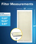 12x20x1 Air Filter For Furnace And AC, MERV 5, 6 Pack, measurement chart showing actual size 11.81x19.81x0.81 inches