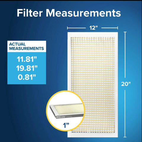 12x20x1 Air Filter For Furnace And AC, MERV 5, 6 Pack, measurement chart showing actual size 11.81x19.81x0.81 inches