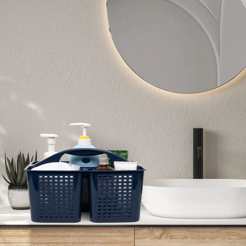Portable Shower Caddy Organizer With Handle And Three Compartments Offers Zero Hassle Organization With Fast Draining Design Keeps Soaps And Shampoos Straight in navy color, displaying toiletries on a bathroom counter.