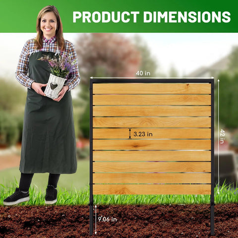 Three Panel No Dig Wood Privacy Fence Screen For Outdoor Use 42 Inch High By 40 Inch Wide next to standing person for scale
