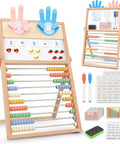 Straight Up Awesome Wooden Abacus For Kids Math Learning With Double Sided Magnetic Whiteboard And Finger Counting Frame, showing colorful beads and counting tools.