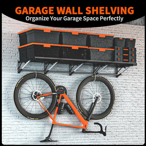 Beefy Heavy Duty Foldable Garage Shelves Wall Mounted Rack System With Removable Edge Barriers, storage for tools and bikes.