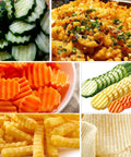Two-piece stainless steel crinkle cutter set; collage shows crinkle-cut cucumber, carrot, and potato slices.