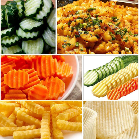 Two-piece stainless steel crinkle cutter set; collage shows crinkle-cut cucumber, carrot, and potato slices.