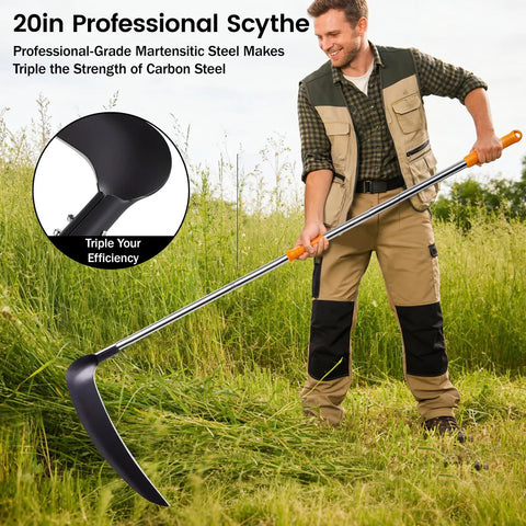 Man using 20 Inch Scythe Tool For Grass Cutting With Adjustable Dual Hand Grip, 3 Stainless Steel Poles, Professional Grade Blade outdoors