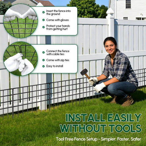 Woman installing No Dig Garden Fence Panels For Outdoor Yard, 30 Rustproof Metal Barriers, 42.5 Feet Long By 13 Inches High.