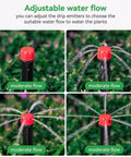 50 Pack Adjustable Drip Emitters For 1/4 Inch Tubing With 360 Degree Water Flow On 5 Inch Arrow Stakes Garden Drippers For Pots Trees And Shrubs Compatible With 4 To 7 mm Irrigation Systems, showing adjustable water flow