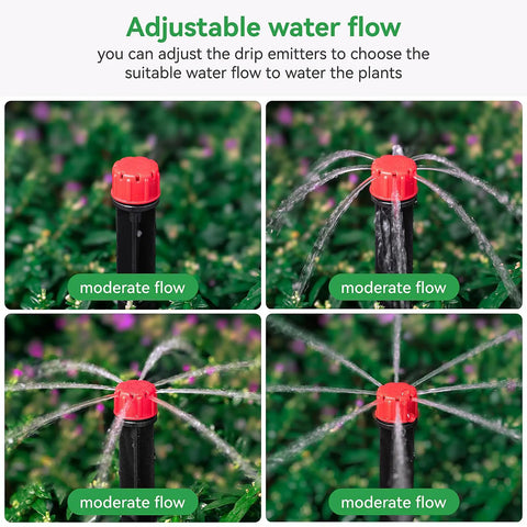 50 Pack Adjustable Drip Emitters For 1/4 Inch Tubing With 360 Degree Water Flow On 5 Inch Arrow Stakes Garden Drippers For Pots Trees And Shrubs Compatible With 4 To 7 mm Irrigation Systems, showing adjustable water flow