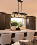 Five Light Farmhouse Rectangular Pendant Chandelier For Dining Room And Kitchen Island, Black Rustic Metal Frame with Brass Gold Sockets