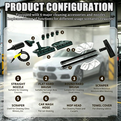 Professional Commercial Steam Cleaner, 3000W High Pressure Steam Washer accessories including flat brush, nozzle, and towel cover.