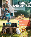 Cordless Leaf Blower 18V Compatible Portable Dust Cleaner High Speed 800000RPM Handheld Turbo Jet Blower With Brushless Motor for patio lawn care displayed on tree stump outdoors