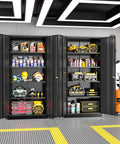 72 Inch Black Steel Locking Cabinets with Doors and 4 Adjustable Shelves in a Garage Workshop Setting