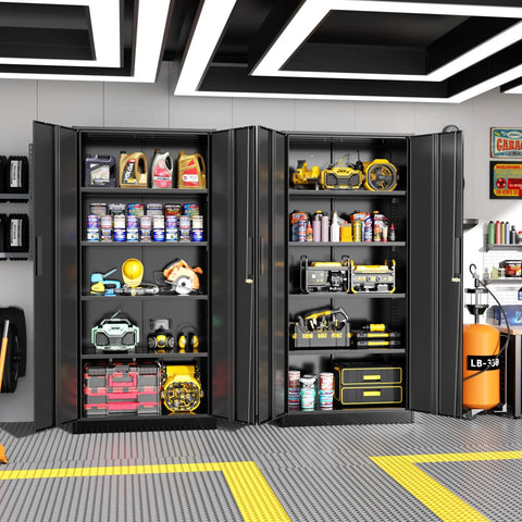 72 Inch Black Steel Locking Cabinets with Doors and 4 Adjustable Shelves in a Garage Workshop Setting