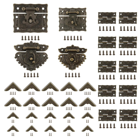 Top Shelf Antique Brass Jewelry Box Hardware Set Featuring Ornate Latches Rock Solid Hinges Rustic Carry Handle Premium Mounting Screws shown with latches and hinges.