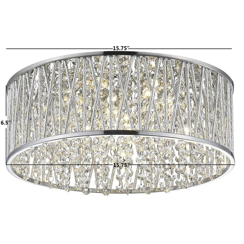 Laser Cut Aluminum Crystal LED Ceiling Light In Chrome Finish With Real Crystal Dangles, Easy Install, 15.75" diameter