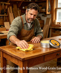 Man using Premium Beeswax Wood Polish and Conditioner on wooden table with yellow cloth for restoring shine.