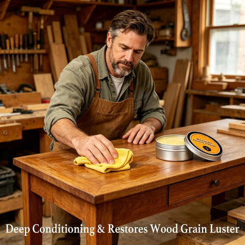 Man using Premium Beeswax Wood Polish and Conditioner on wooden table with yellow cloth for restoring shine.
