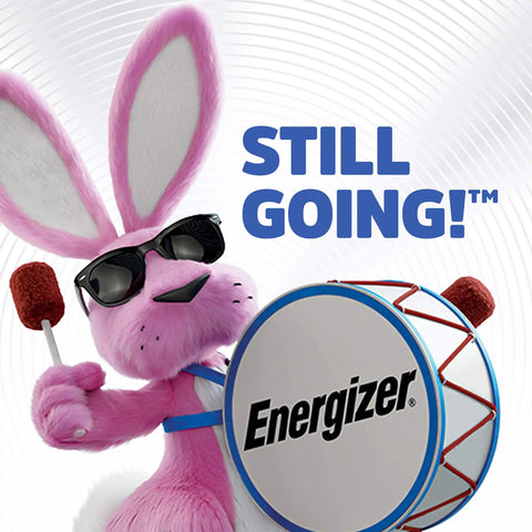 Energizer's pink bunny mascot wearing sunglasses, holding a drum, promoting steady power and reliability.