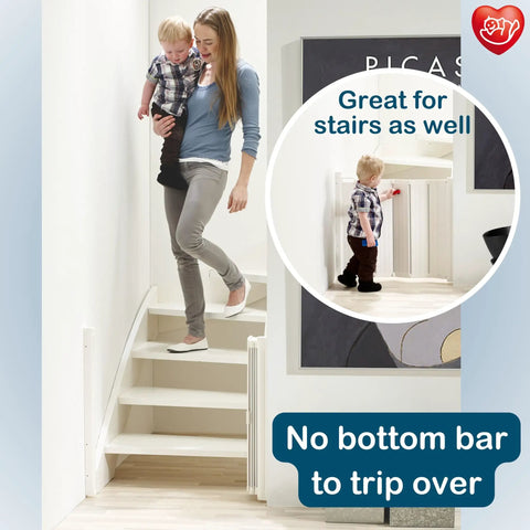Auto Retractable Stair Gate for Doorways and Stairs, Fits 21.7 to 32.3 Inch Openings, White Safety Gate for Babies and Pets with child