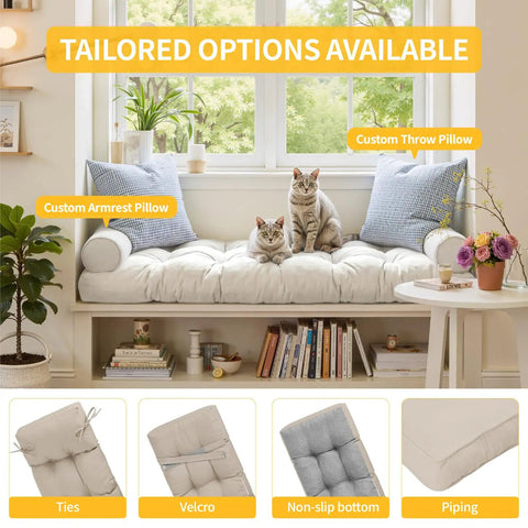 Custom Bench Cushions For Indoor And Outdoor Use, Tufted Non Slip Cushions on bay window with cats and pillows