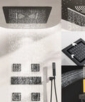 Slick Black Rain Shower System With Digital Display Concealed Wall Mounted Faucet Set Heavy Duty Brass Build Three Function Shower Kit Dual Spray Heads waterfall view and control panel.