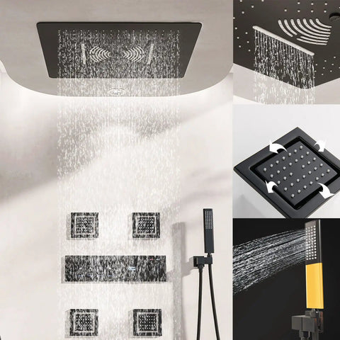 Slick Black Rain Shower System With Digital Display Concealed Wall Mounted Faucet Set Heavy Duty Brass Build Three Function Shower Kit Dual Spray Heads waterfall view and control panel.