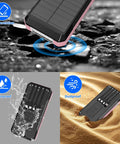 Massive 49800mAh Solar Power Bank with built-in four cables and 22.5W fast charging, waterproof and dustproof, pink