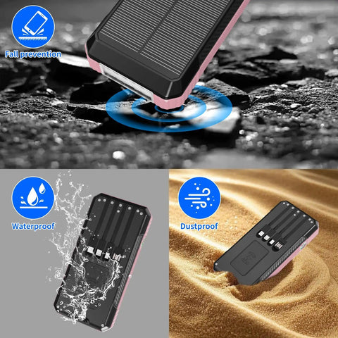 Massive 49800mAh Solar Power Bank with built-in four cables and 22.5W fast charging, waterproof and dustproof, pink