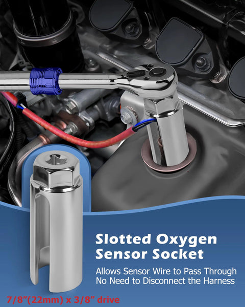 Five Piece Oxygen Sensor Socket Set With Universal 6 Point 22mm Openings, socket in use on engine for sensor removal.