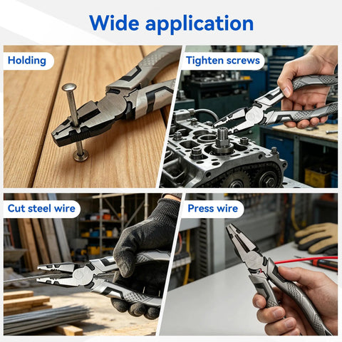 8 Inch Linesman Pliers With Wire Cutters in use for holding nail, tightening screws, cutting wire, and pressing wire in shop setting.