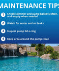 SuperFlo high-performance pump maintenance tips poster; blue gradient with four numbered steps and a pool with rock waterfall.