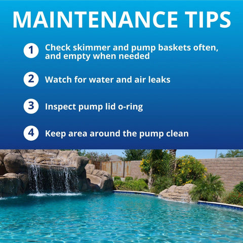 SuperFlo high-performance pump maintenance tips poster; blue gradient with four numbered steps and a pool with rock waterfall.