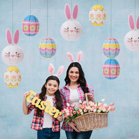 9 Piece Easter Paper Lantern Set With Bunny And Egg Designs, Reusable 10 Inch Pastel Hanging Lanterns For Home Garden