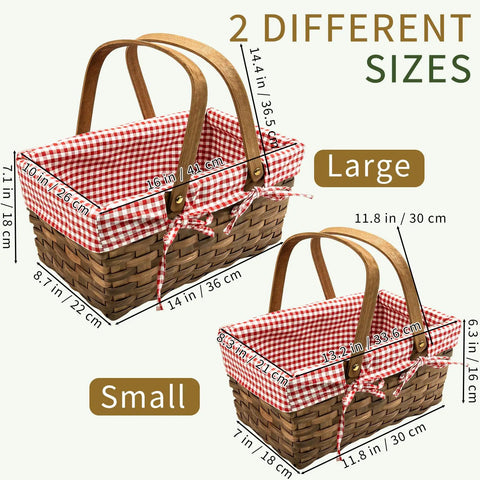 Dual Size Picnic Basket Set With Double Folding Handles 16 Inch Woodchip Woven Basket With Removable Red And White Liner