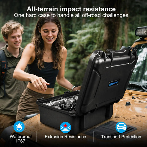 Waterproof Hard Case With Custom Foam Insert for DJI Mavic 4 Pro Drone and accessories on vehicle outdoors.