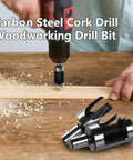 Premium Eight Piece Wood Plug Cutter Drill Bit Set One Quarter Three Eighths Five Eighths Half Inch Steel Boring Tool For Furniture And Diy Work With No Sweat Cutting Action That Kicks Shop Projects Into High Gear For Rock Solid Durability And Straight, showcasing carbon steel drilling in action.