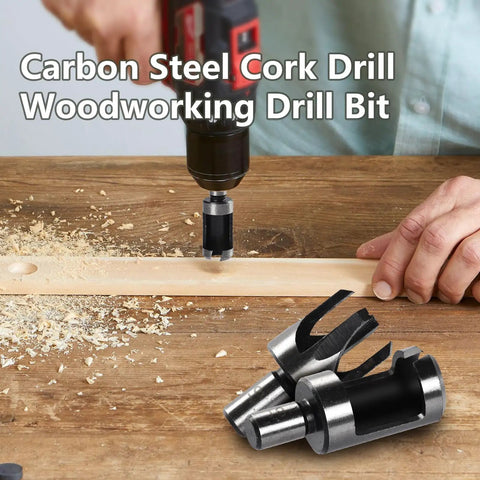 Premium Eight Piece Wood Plug Cutter Drill Bit Set One Quarter Three Eighths Five Eighths Half Inch Steel Boring Tool For Furniture And Diy Work With No Sweat Cutting Action That Kicks Shop Projects Into High Gear For Rock Solid Durability And Straight, showcasing carbon steel drilling in action.