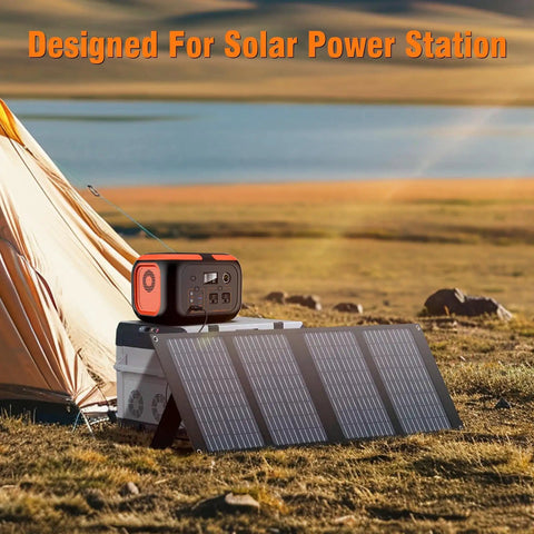 40W Foldable Solar Panel Charger for Power Stations and Camping Gear with USB QC 3 USB C 18V DC Output outside a tent