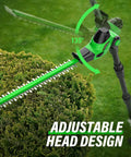 Cordless 18 Inch Hedge Trimmer With Extension Pole And 16 Foot Reach, adjustable head design trimming hedge.