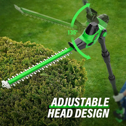 Cordless 18 Inch Hedge Trimmer With Extension Pole And 16 Foot Reach, adjustable head design trimming hedge.