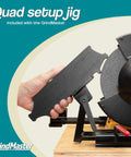 Lathe Tool Sharpening Jig With Quad Setup And Multi Grind System For 6 Inch Grinders shown with setup block in hand