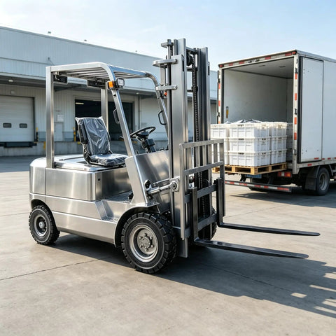 Badass Low Noise Electric Forklift Heavy Duty Pallet Lifter Truck For Warehouse Logistics and Compact Dock Loading Cargo Hauling With One To Three Ton Range For No Sweat Pallet Work, with chrome-like body and large tires.